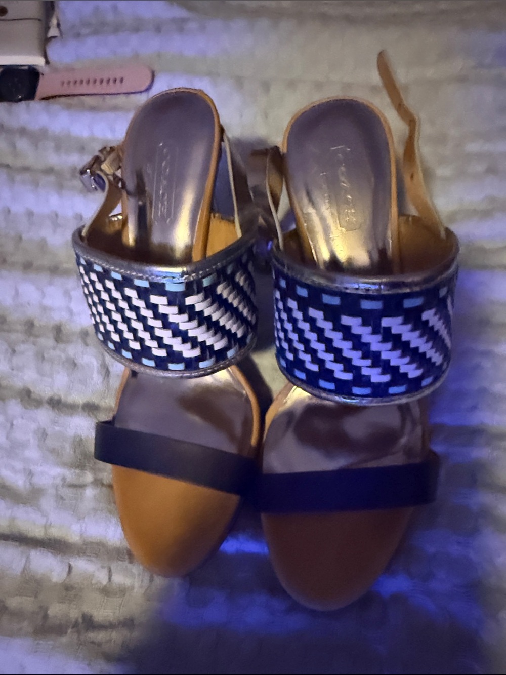 Coach Women’s white & Blue Woven Strap Heeled Sandals